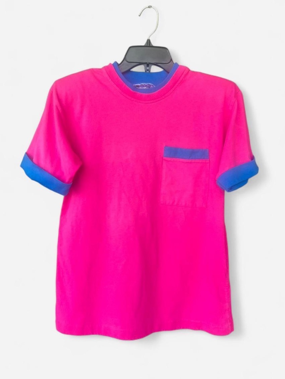 Vintage 80’s / 90’s Bright Pink Pocket Tee with Blue Trim
